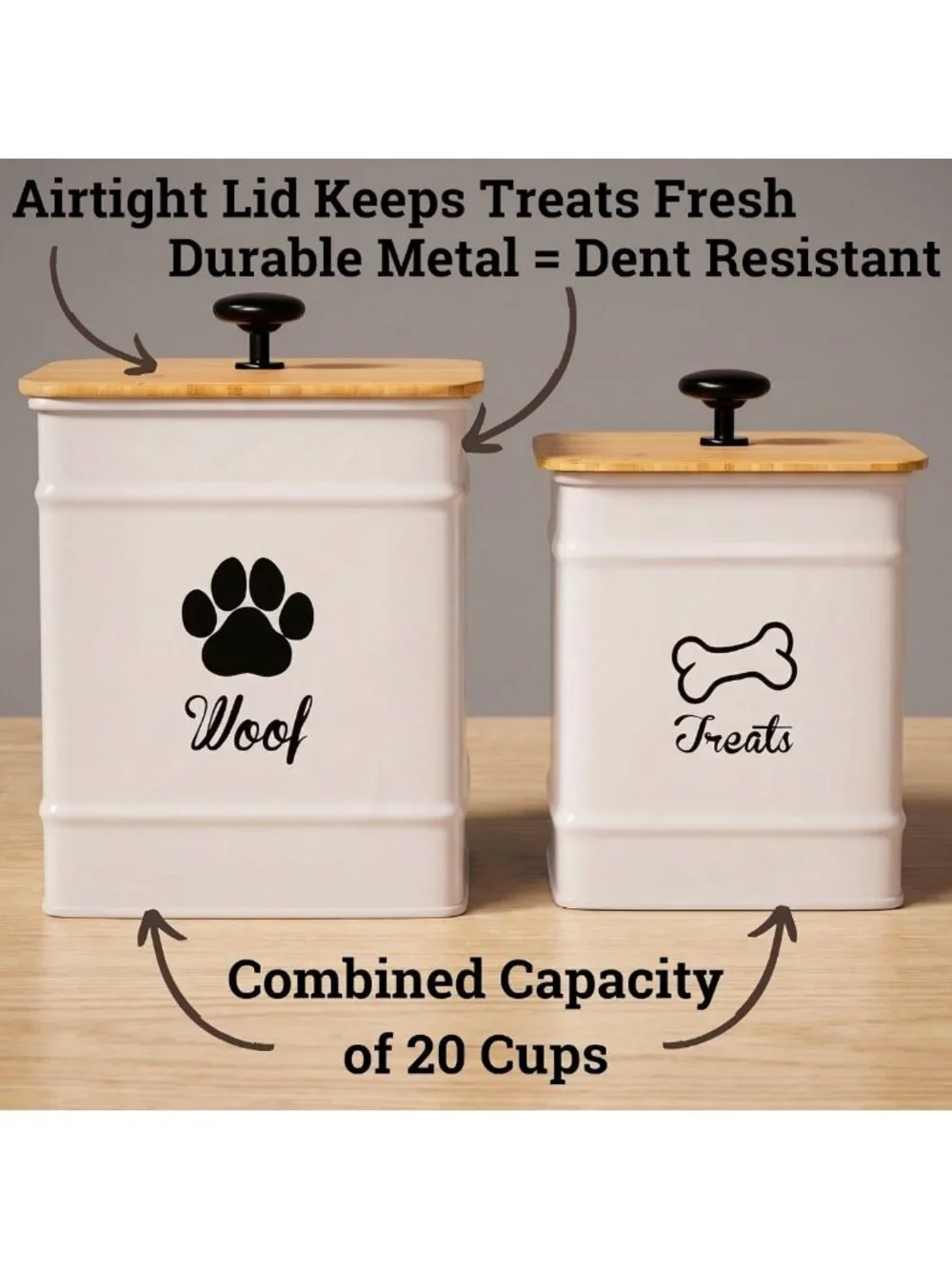Airtight Dog Treat Container Set of 2 - Durable Metal, Easy Open, Fits 20 Cups